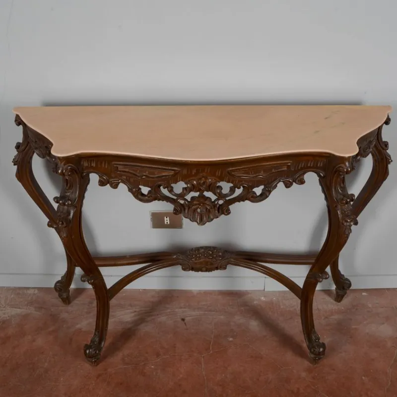 Pamono Baroque Style Carved Console Table with Pink Marble Top, 1960s> Console Tables