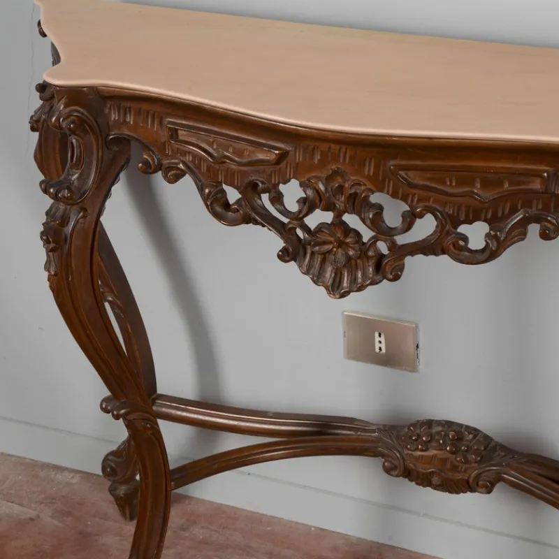 Pamono Baroque Style Carved Console Table with Pink Marble Top, 1960s> Console Tables
