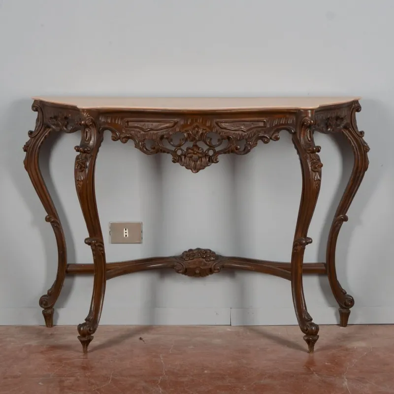 Pamono Baroque Style Carved Console Table with Pink Marble Top, 1960s> Console Tables
