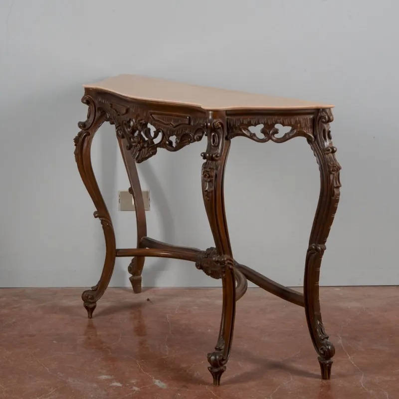 Pamono Baroque Style Carved Console Table with Pink Marble Top, 1960s> Console Tables