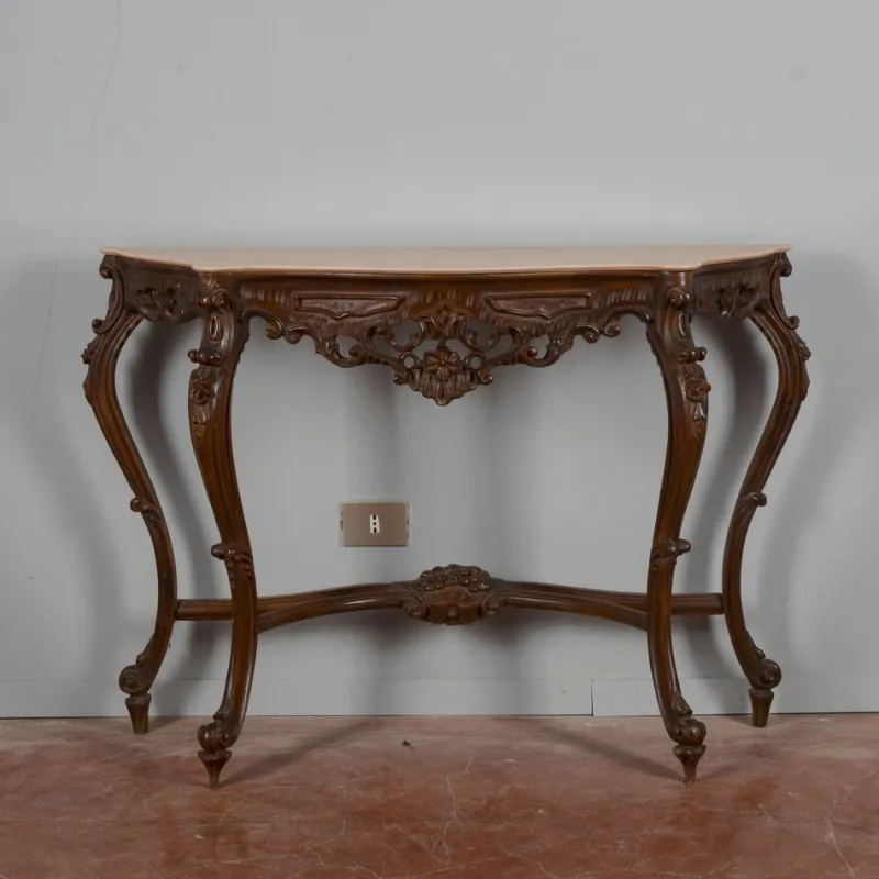 Pamono Baroque Style Carved Console Table with Pink Marble Top, 1960s> Console Tables