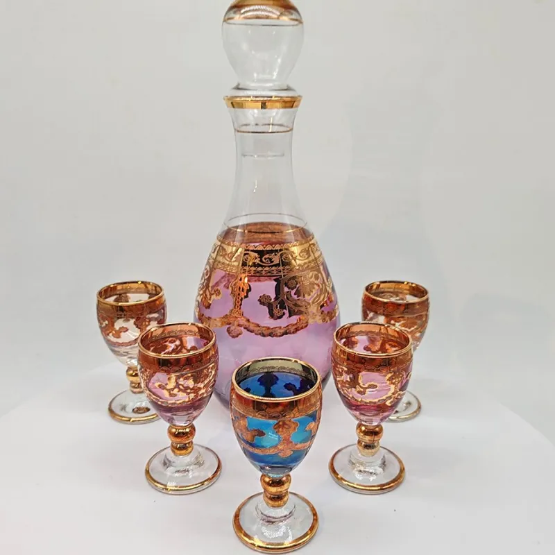 Pamono Baroque Venetian Bottle and Glasses in Glass with Gold Trim, Venice, Italy, 1950s, Set of 6> Dinnerware Accessories