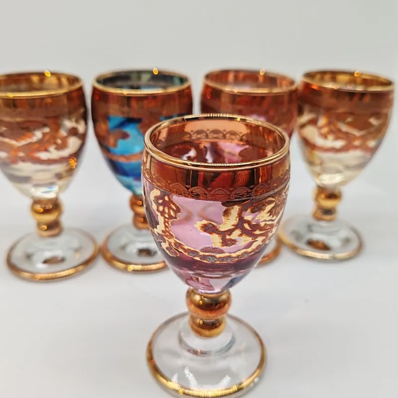 Pamono Baroque Venetian Bottle and Glasses in Glass with Gold Trim, Venice, Italy, 1950s, Set of 6> Dinnerware Accessories