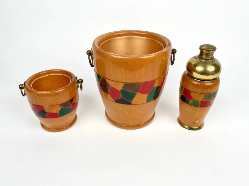 Pamono Barware & Icebucket Shaker by Aldo Tura for Macabo, Italy, 1950s, Set of 3> Ice Buckets & Wine Coolers