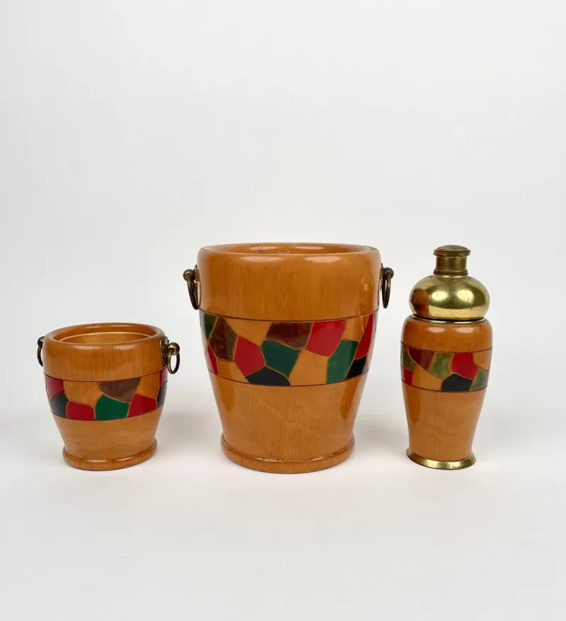 Pamono Barware & Icebucket Shaker by Aldo Tura for Macabo, Italy, 1950s, Set of 3> Ice Buckets & Wine Coolers