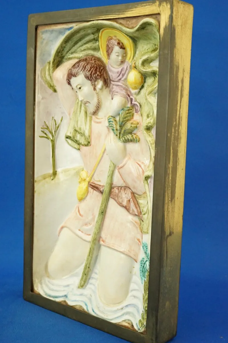 Pamono Bas-Relief Plaque Sculpture of Saint Christopher with Baby Jesus from Le Tre Aaa, Turin, Italy, 1920s> Wall Decor