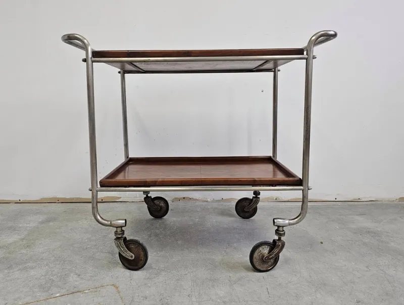 Pamono Bauhaus Bar Cart in Walnut Root Veneer and Steel Construction, 1920s> Serving Bar Carts & Trolleys