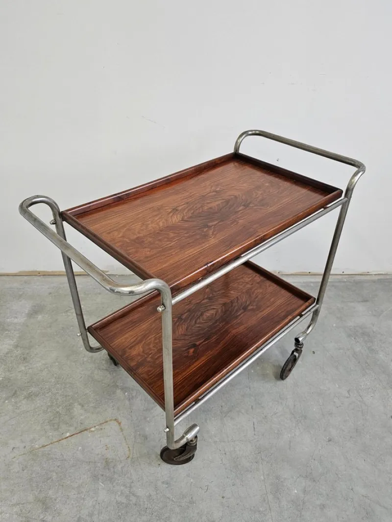 Pamono Bauhaus Bar Cart in Walnut Root Veneer and Steel Construction, 1920s> Serving Bar Carts & Trolleys