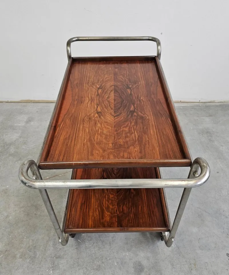 Pamono Bauhaus Bar Cart in Walnut Root Veneer and Steel Construction, 1920s> Serving Bar Carts & Trolleys
