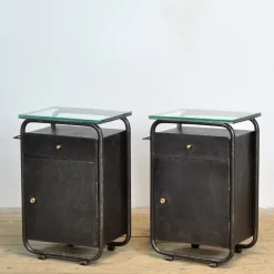 Pamono Bauhaus Bedside Tables in Iron and Glass, 1920s, Set of 2> Nightstands
