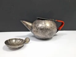 Pamono Bauhaus Silver-Plated Teapot and Tea Strainer, WMF, 1950s, Set of 2><noscript><img width=