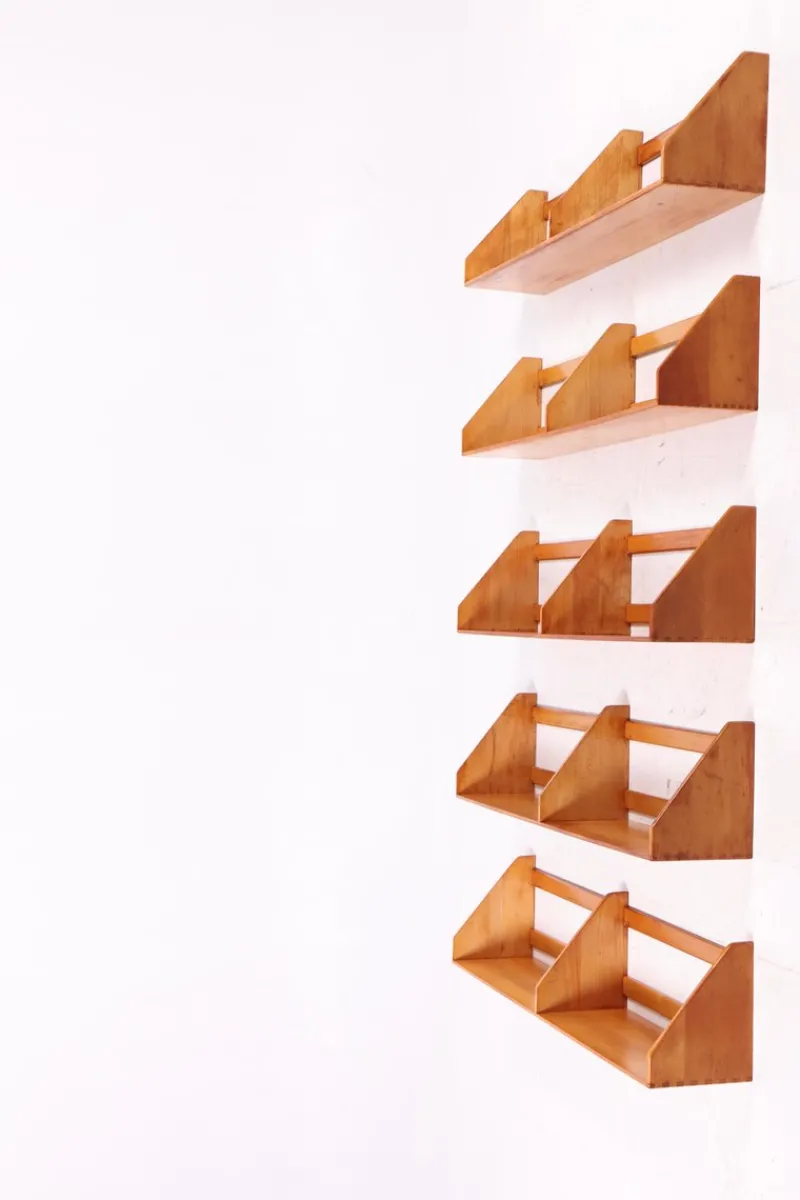 Pamono Beech Wall Shelves by Hans J. Wegner for Ry Møbler, 1950s, Set of 5