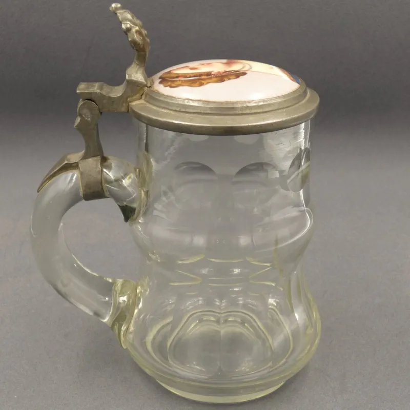 Pamono Beer Mug in Glass with Hand-Painted Lid, 1900s-1920s> Glassware