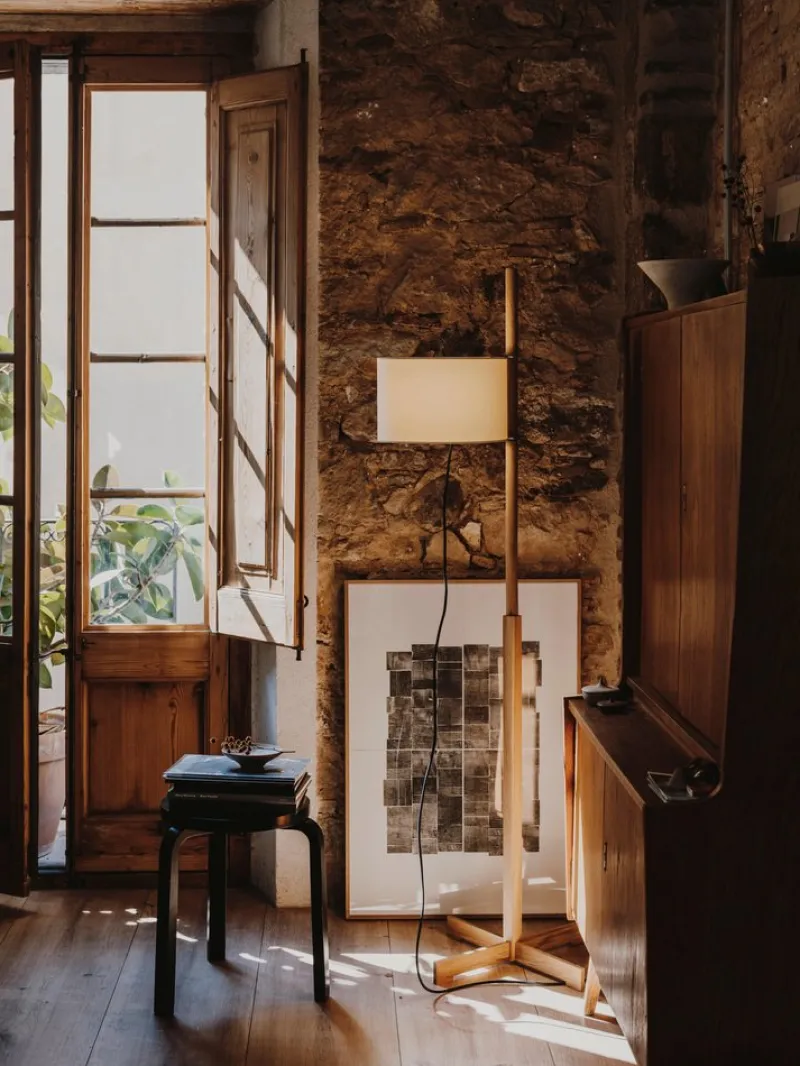 Pamono Beige and Beech Wood TMM Floor Lamp by Miguel Milá