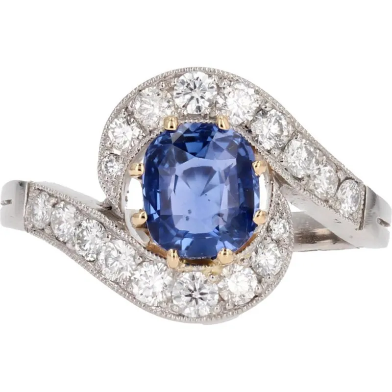 Pamono Belle Epoque Style Sapphire, Diamond, 18 Karat Yellow Gold & Platinum Swirl Ring> Rings