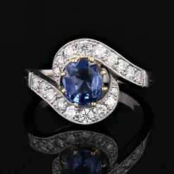 Pamono Belle Epoque Style Sapphire, Diamond, 18 Karat Yellow Gold & Platinum Swirl Ring><noscript><img width=