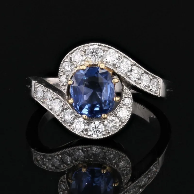 Pamono Belle Epoque Style Sapphire, Diamond, 18 Karat Yellow Gold & Platinum Swirl Ring> Rings