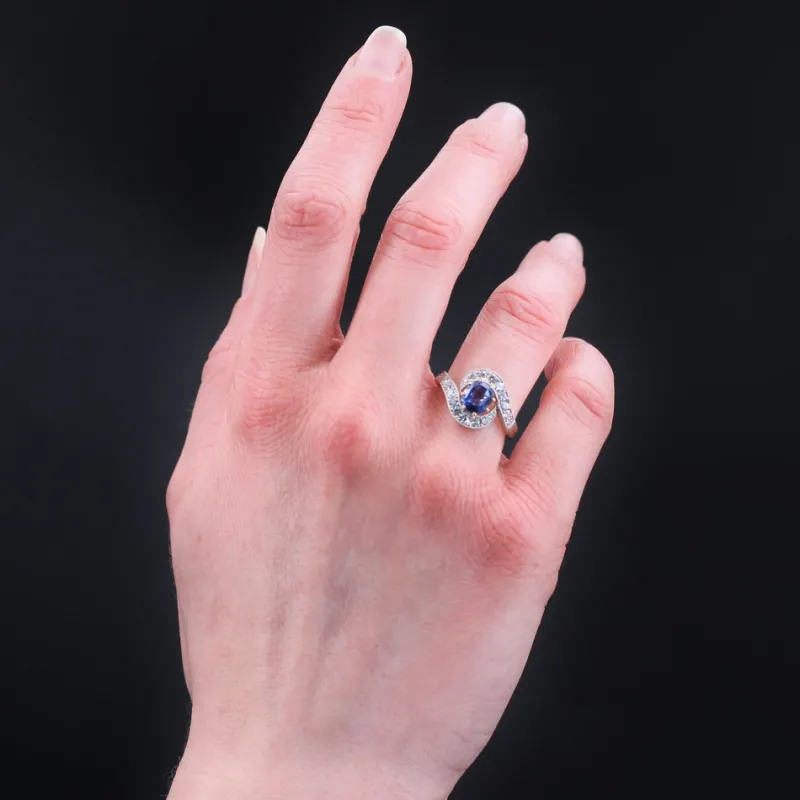 Pamono Belle Epoque Style Sapphire, Diamond, 18 Karat Yellow Gold & Platinum Swirl Ring> Rings
