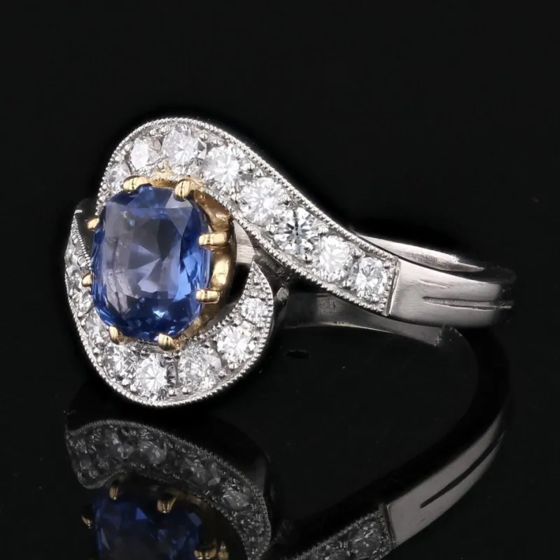 Pamono Belle Epoque Style Sapphire, Diamond, 18 Karat Yellow Gold & Platinum Swirl Ring> Rings