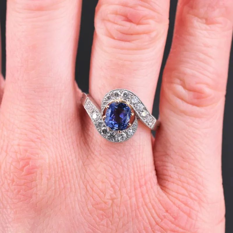 Pamono Belle Epoque Style Sapphire, Diamond, 18 Karat Yellow Gold & Platinum Swirl Ring> Rings