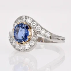 Pamono Belle Epoque Style Sapphire, Diamond, 18 Karat Yellow Gold & Platinum Swirl Ring><noscript><img width=