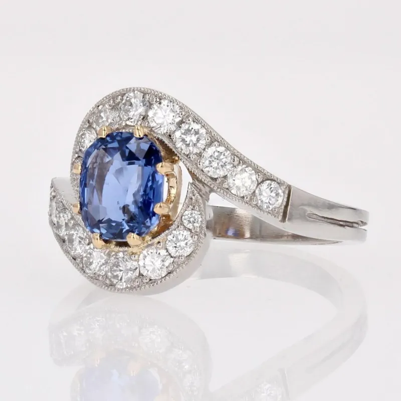 Pamono Belle Epoque Style Sapphire, Diamond, 18 Karat Yellow Gold & Platinum Swirl Ring> Rings