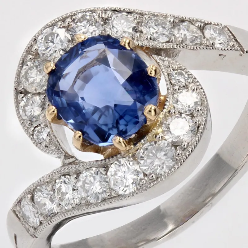 Pamono Belle Epoque Style Sapphire, Diamond, 18 Karat Yellow Gold & Platinum Swirl Ring> Rings