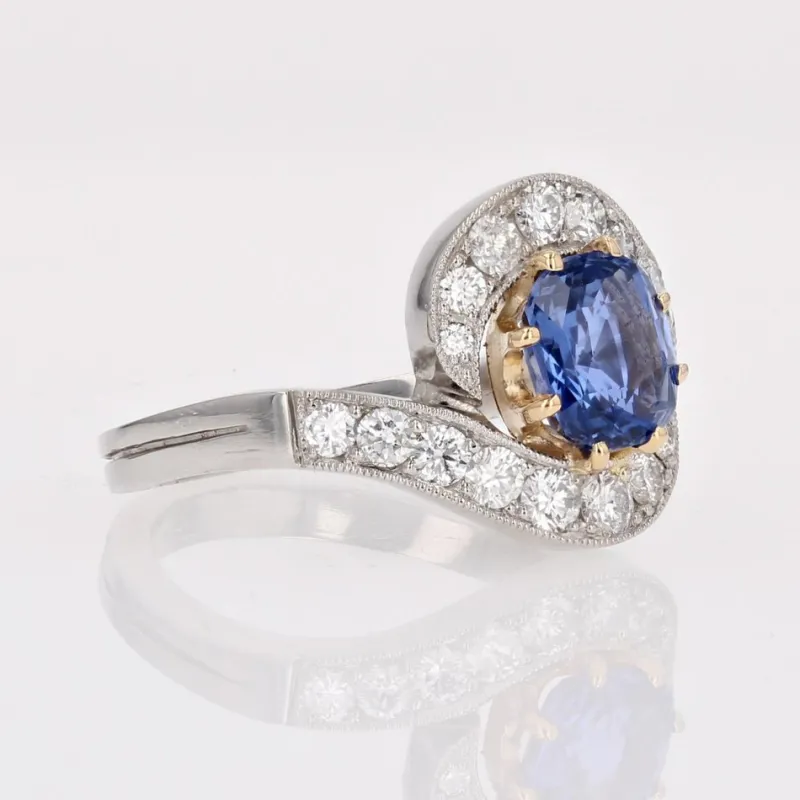 Pamono Belle Epoque Style Sapphire, Diamond, 18 Karat Yellow Gold & Platinum Swirl Ring> Rings