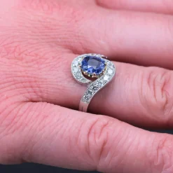 Pamono Belle Epoque Style Sapphire, Diamond, 18 Karat Yellow Gold & Platinum Swirl Ring><noscript><img width=