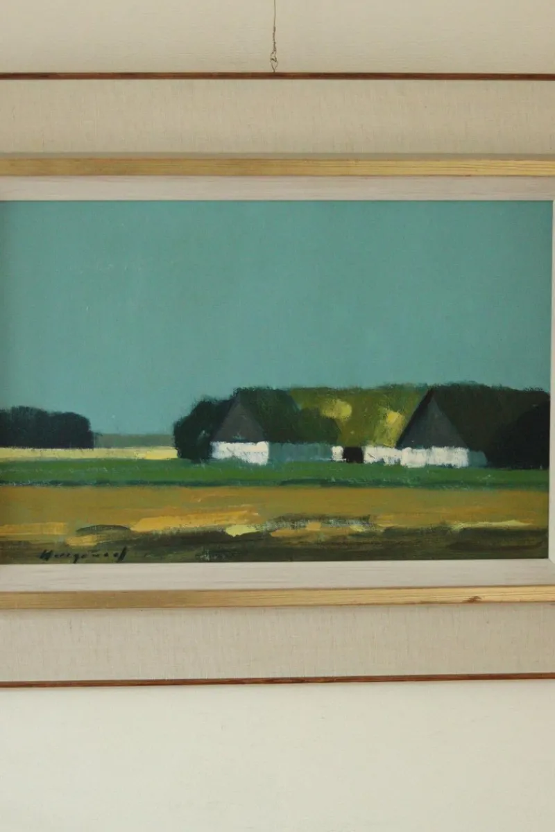 Pamono Bengt Hillgrund, Farm Motif, 1960s, Oil on Canvas, Framed> Mid-Century