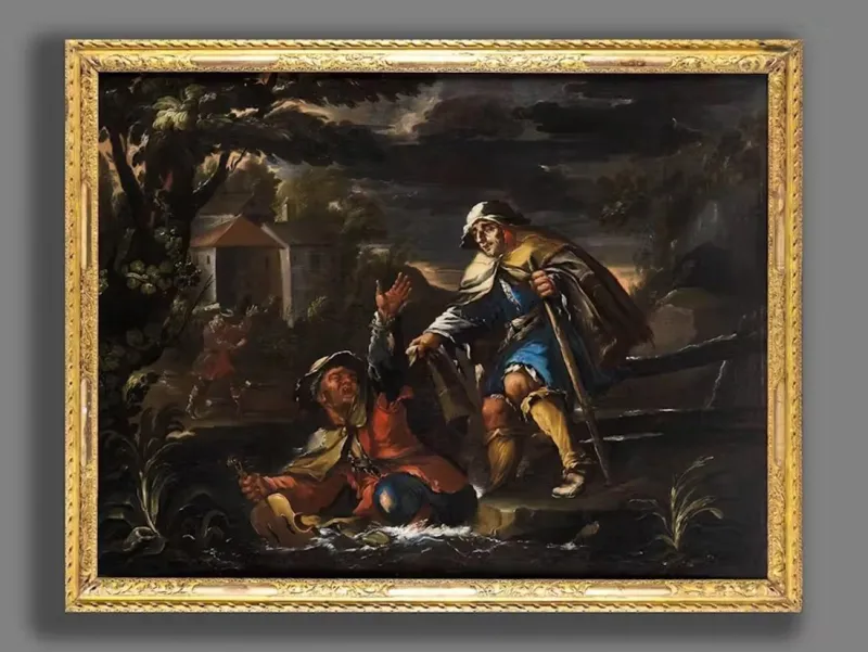 Pamono Bernhard Keil / Monsù Bernardo, Two Blind Figures Helping Each Other, Oil on Canvas, 17th Century, Framed, 1800s, Oil on Canvas> Old Masters|Painting