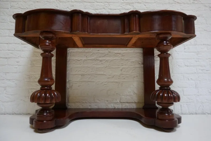 Pamono Biedermeier Mahogany Wall Console Table or Desk with Leather Inlay Top and Drawer> Console Tables