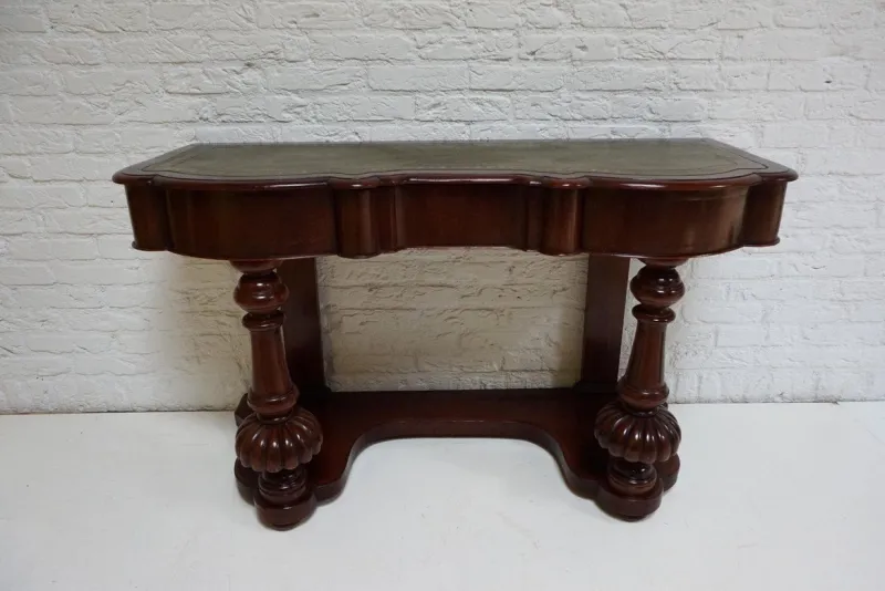 Pamono Biedermeier Mahogany Wall Console Table or Desk with Leather Inlay Top and Drawer> Console Tables