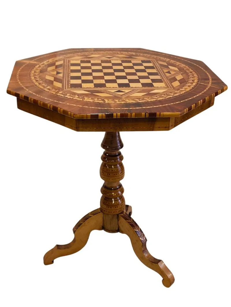 New Pamono Biedermeier Marquetry Chess Table, 19th Century