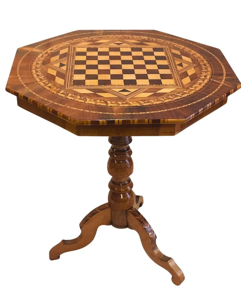 New Pamono Biedermeier Marquetry Chess Table, 19th Century