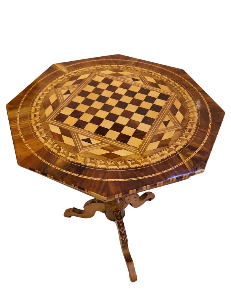 New Pamono Biedermeier Marquetry Chess Table, 19th Century