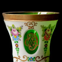 Online Pamono Biedermeier White Overlaid Clear Yellow Glass, Glass with Gold and Flower Motifs Painted Enamel, Deep Cut Lenses and Gold Green Vase, 1890s