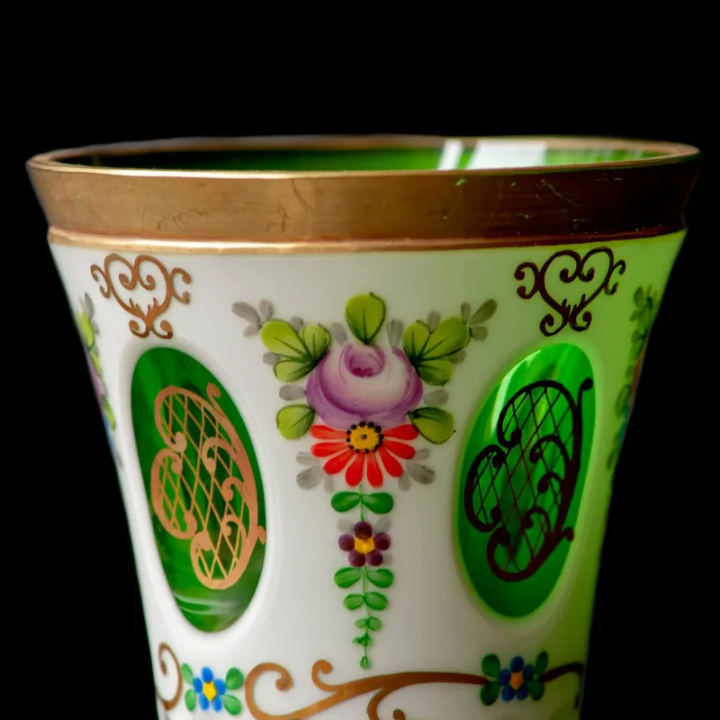 Online Pamono Biedermeier White Overlaid Clear Yellow Glass, Glass with Gold and Flower Motifs Painted Enamel, Deep Cut Lenses and Gold Green Vase, 1890s