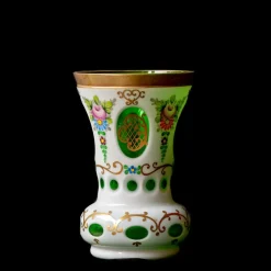Online Pamono Biedermeier White Overlaid Clear Yellow Glass, Glass with Gold and Flower Motifs Painted Enamel, Deep Cut Lenses and Gold Green Vase, 1890s