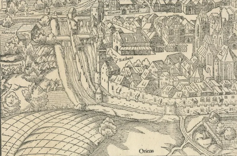 Outlet Pamono Bird's Eye View Woodcut Map of Rouffach, France, by Sebastian Münster, 1554