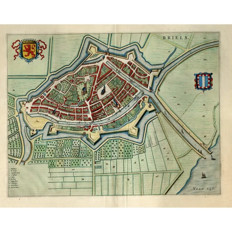 Pamono Bird's-Eye View Map of Brielle by Blaeu, Netherlands, 1649