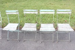 Outlet Pamono Bistro Garden Folding Chairs in Iron and Wood Slats, Set of 8