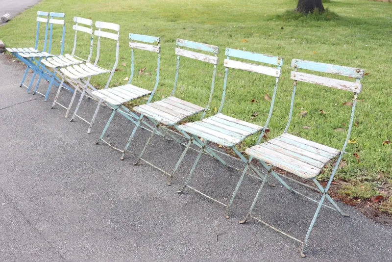 Outlet Pamono Bistro Garden Folding Chairs in Iron and Wood Slats, Set of 8