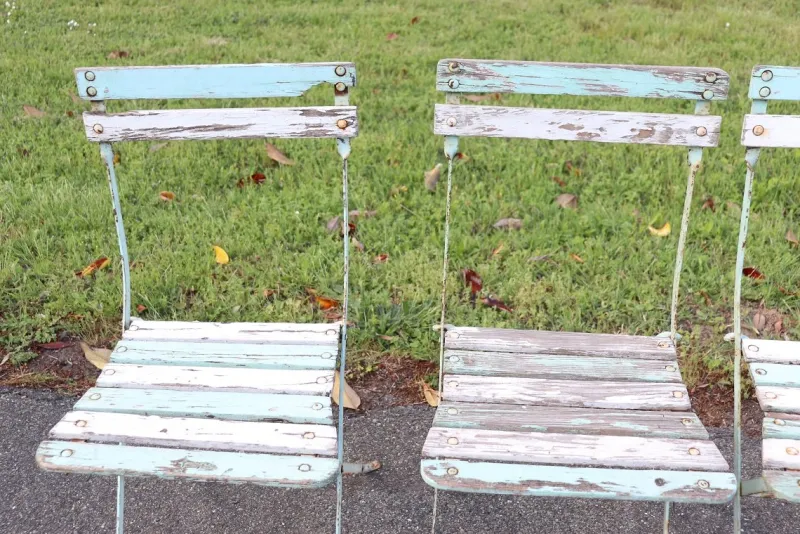 Outlet Pamono Bistro Garden Folding Chairs in Iron and Wood Slats, Set of 8