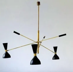 Pamono Black and Brass Adjustable Three-Arm Triennale Style Chandelier> Ceiling Lights