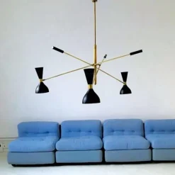 Pamono Black and Brass Adjustable Three-Arm Triennale Style Chandelier><noscript><img width=