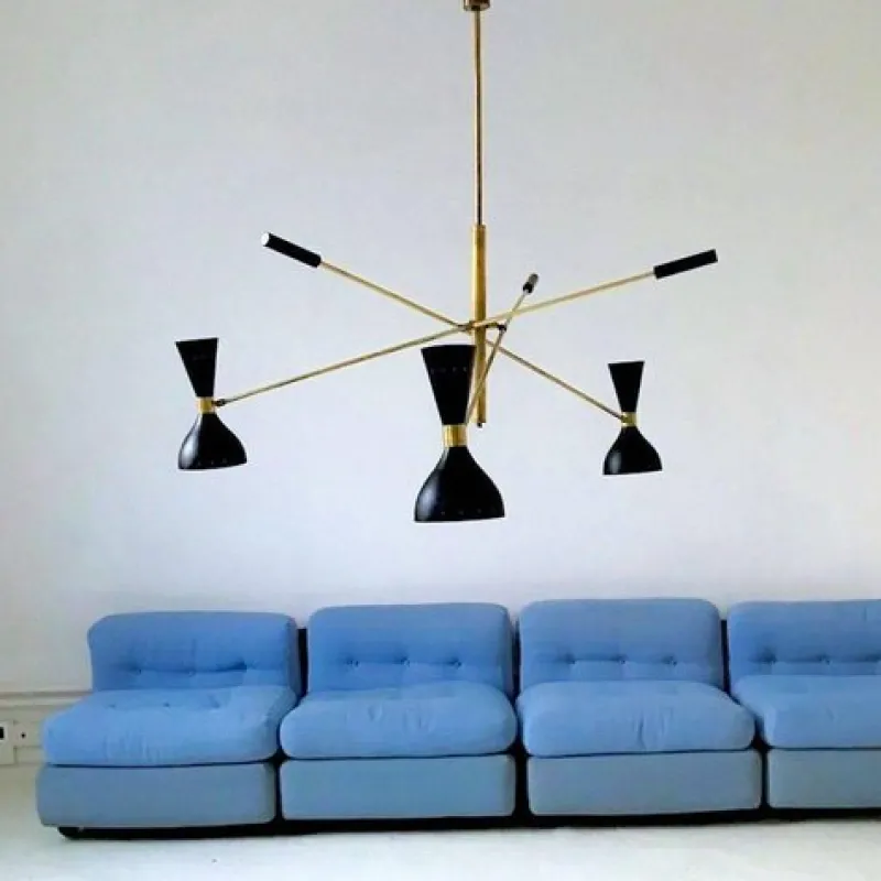 Pamono Black and Brass Adjustable Three-Arm Triennale Style Chandelier> Ceiling Lights