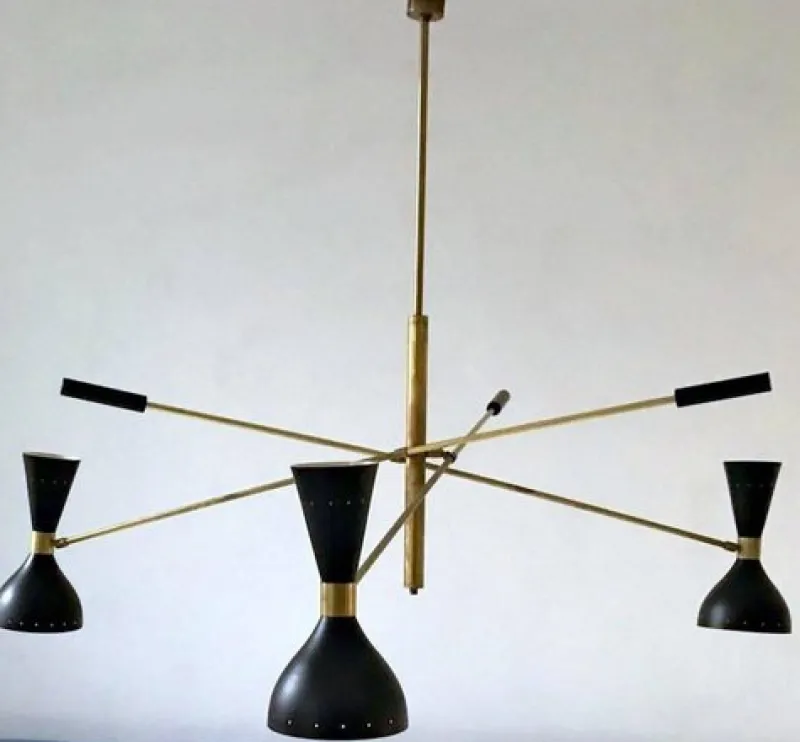 Pamono Black and Brass Adjustable Three-Arm Triennale Style Chandelier> Ceiling Lights