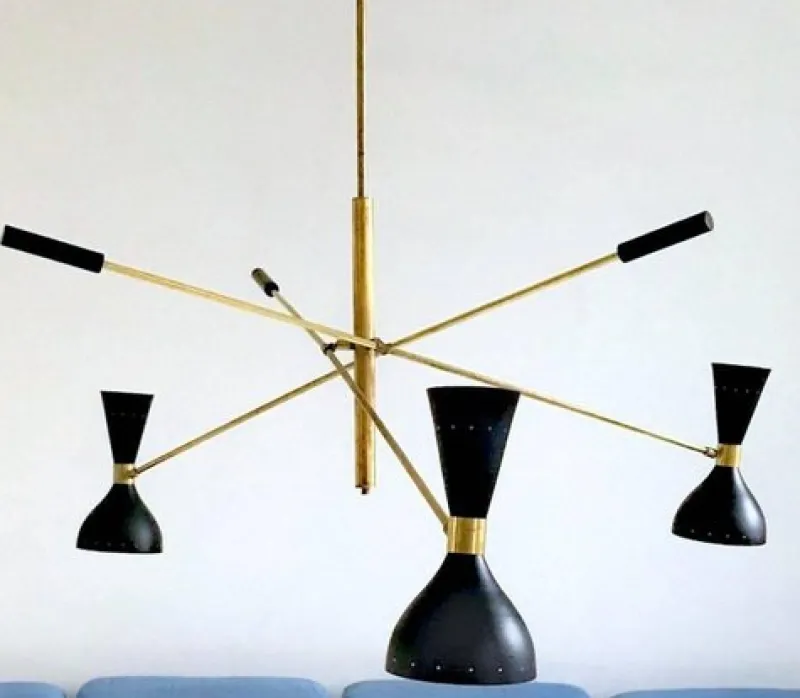 Pamono Black and Brass Adjustable Three-Arm Triennale Style Chandelier> Ceiling Lights