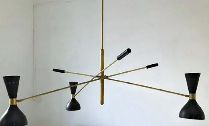 Pamono Black and Brass Adjustable Three-Arm Triennale Style Chandelier> Ceiling Lights